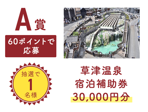 【A賞】60ポイントで応募 抽選で1名様 草津温泉宿泊所補助券 30,000円分